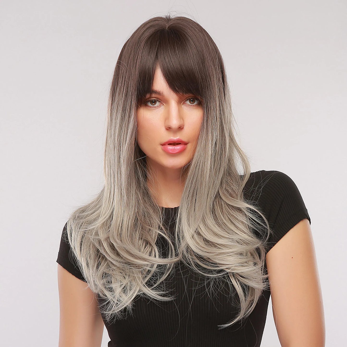 Grey Color Synthetic WavyHair With Bangs Capless Women Wig 26 Inches