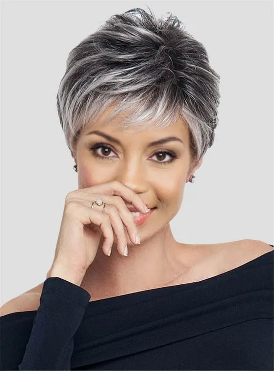 Salt and Pepper Short Layered Synthetic Capless Black Women Wigs