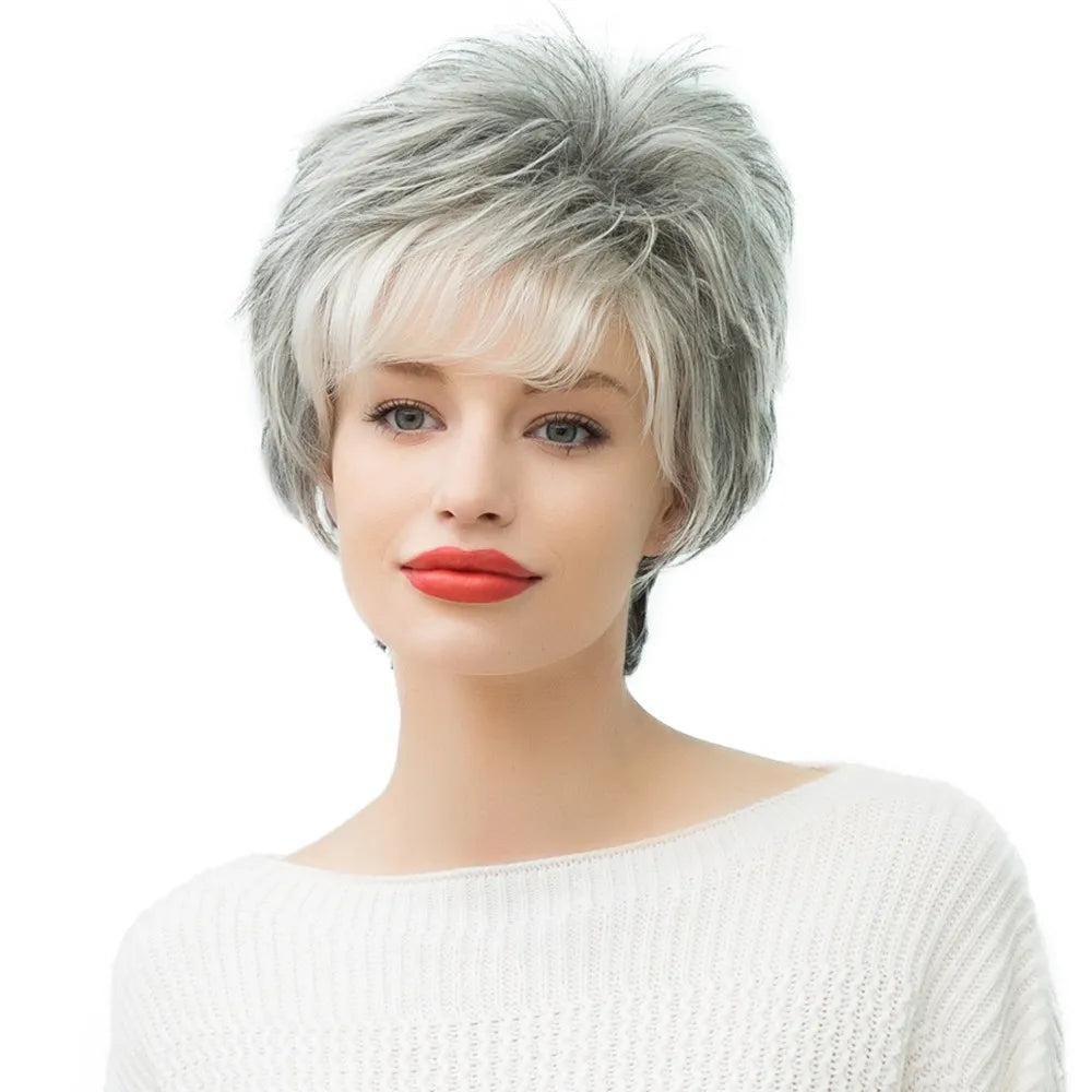 130% Density Women's Straight Human Hair Blend Capless Wigs With Bangs 10Inches