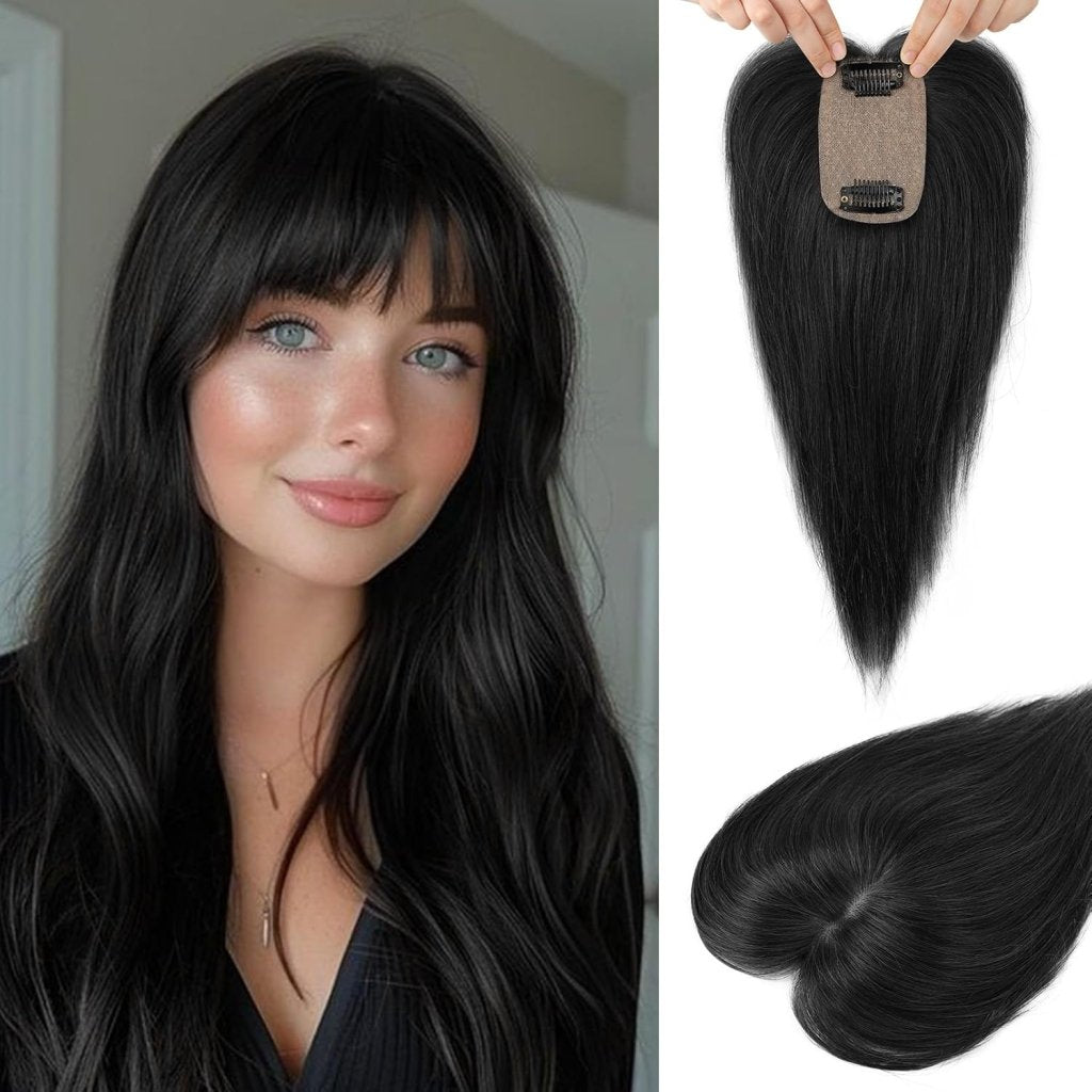 Human Hair Toppers for women 10 Inch Clip in Bangs 100% Human Hair Toppers for Thinning Hair Cover Hair Pieces with Silk Base-Silver White