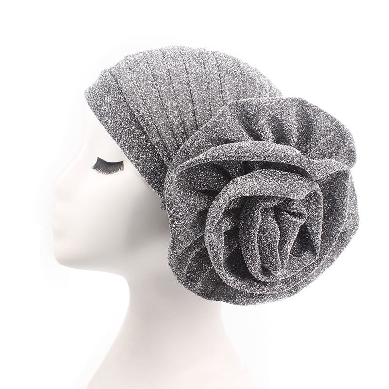 New Style Shiny Silk Large Flower Headscarf Hat, Versatile Retro Fashion Hat Tjm-322