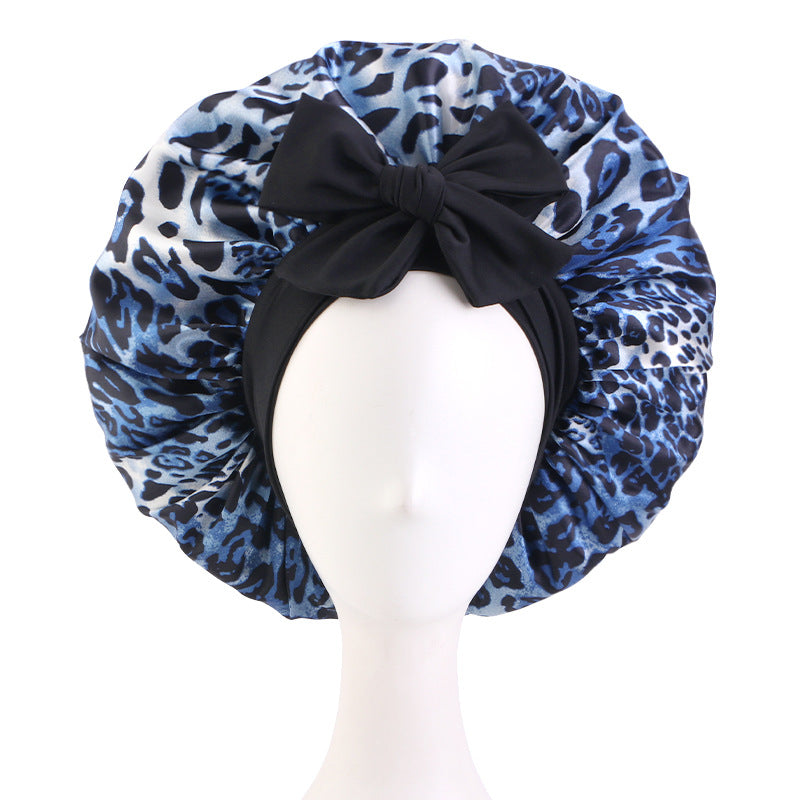 Cross-Border Large Leopard Print Ribbon Sleep Cap, Knotted Hair Protection Cap, Tie-On Shower Cap, Postpartum Cap Jdb-408J-2