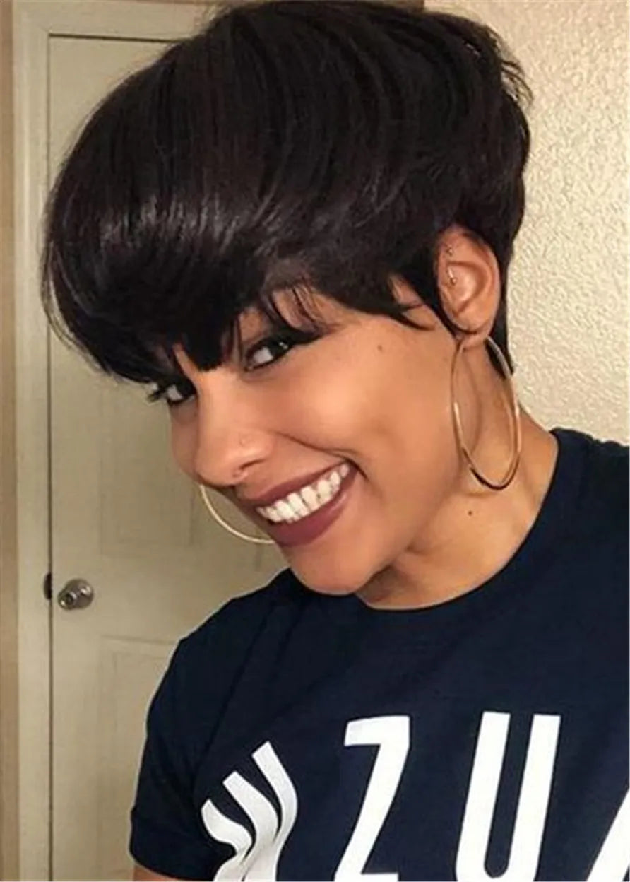 Boy Cut Human Hair Natural Straight With Bangs Women Wig 8 Inches