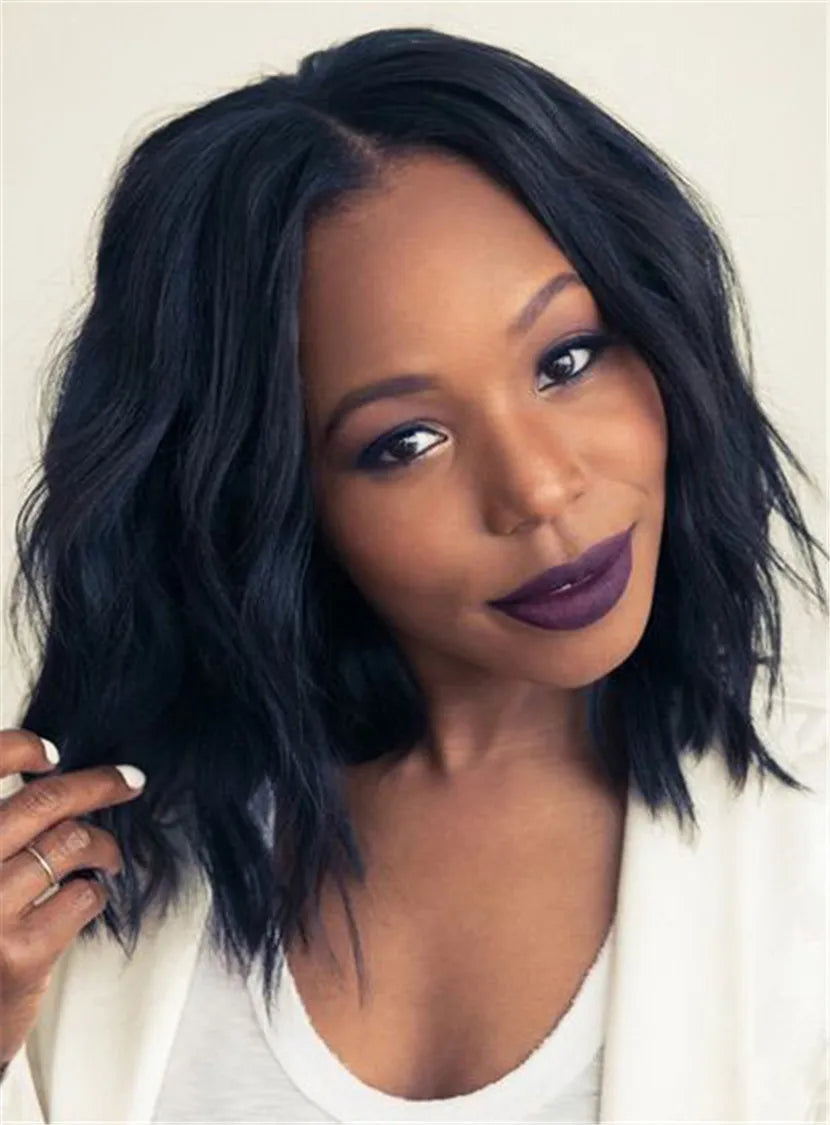 African American Slight Wave Synthetic Capless Center Parting Hairstyle Wigs 12 Inches