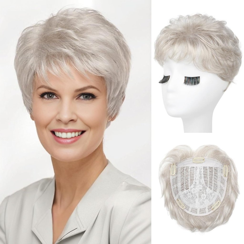Short Wiglet Hair Topper for Women with Thinning Hair Large Coverage Synthetic Top Grey