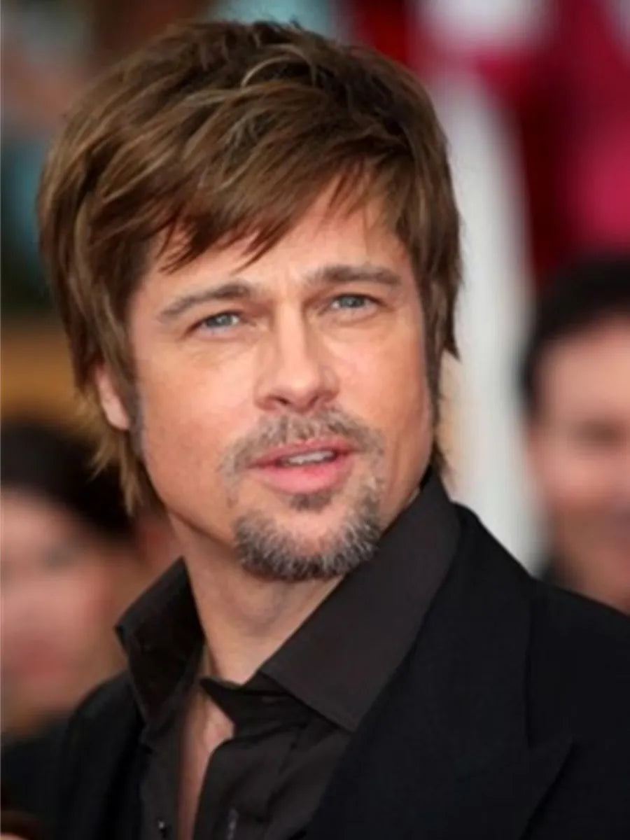 Brad Pitt Mixed Color With Ash Brown Highlight Short Straight 100% Human Hair Monofilament Top Wig