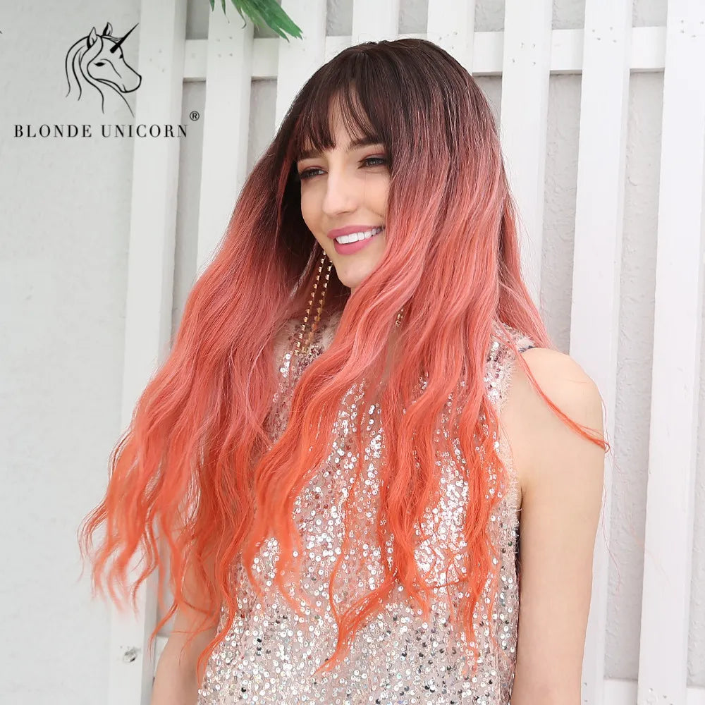 Ombre Hair Long Wavy Synthetic Hair With Bangs Women Wig 26 Inches