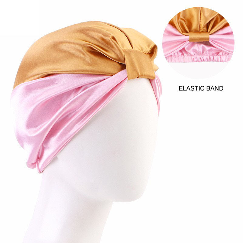 Cross-Border Hat Double-Layer Imitation Silk Nightcap Contrasting Color Knotted Turban Hat Washing and Chemical Clothing Factory Direct Sale