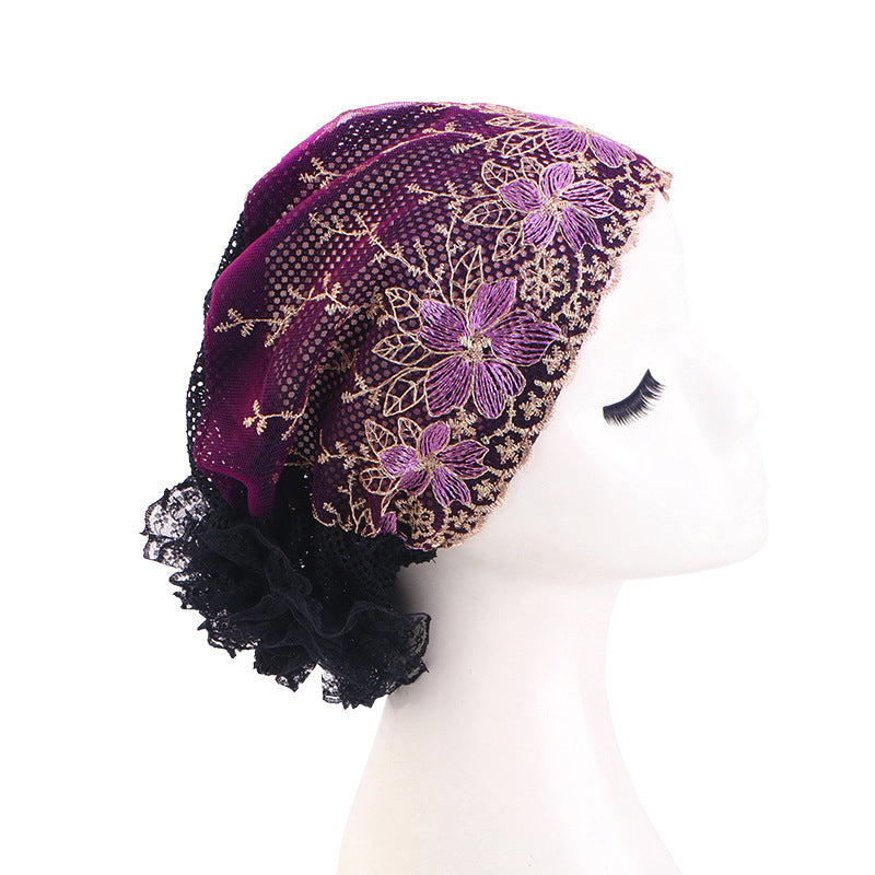 New Cross-Border Breathable Lace Hat, Floral Turban Hat, Ethnic Hat, Hair Care Hat Jdt-500