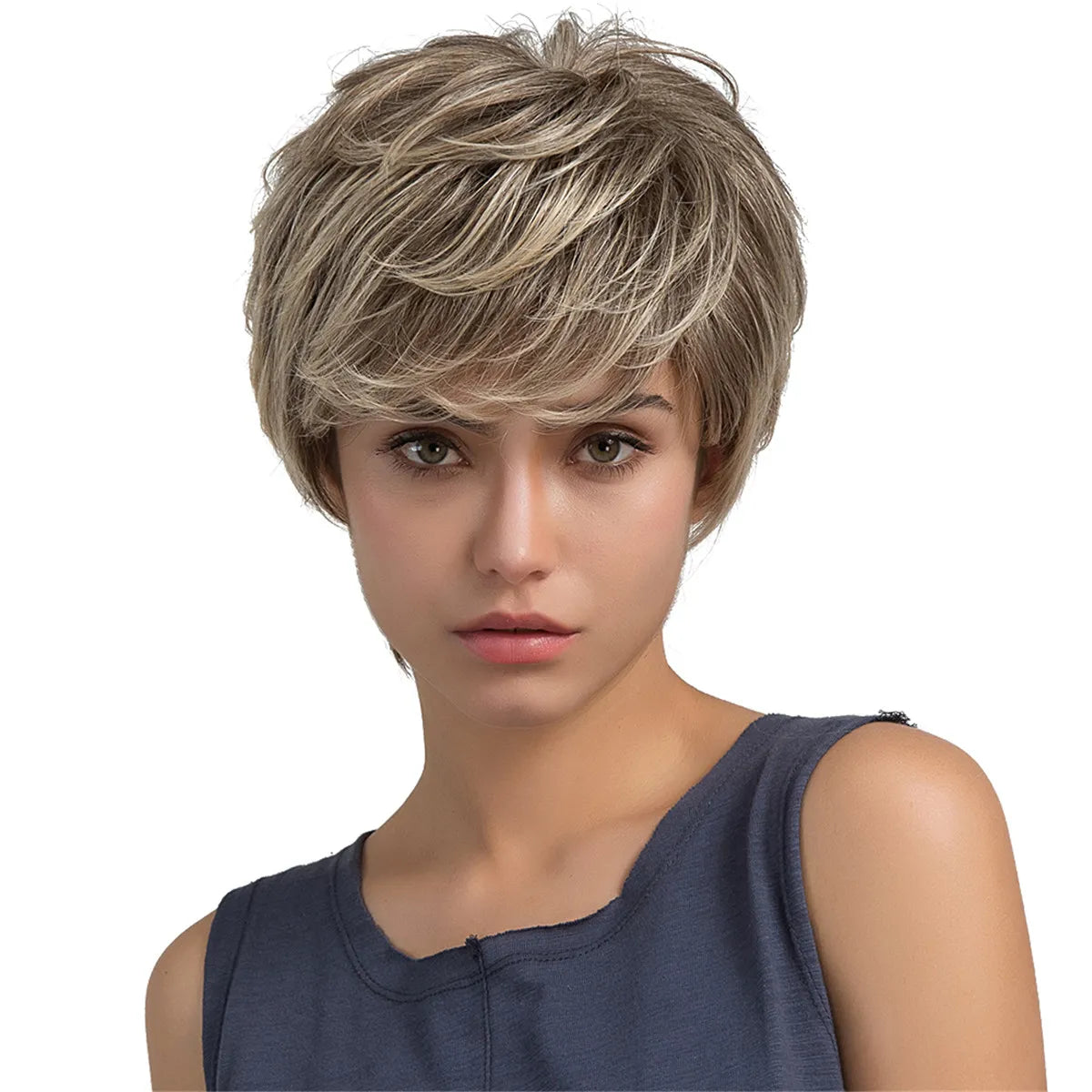 Mix Color Layered Choppy Cut Human Hair Blend Capless Wigs