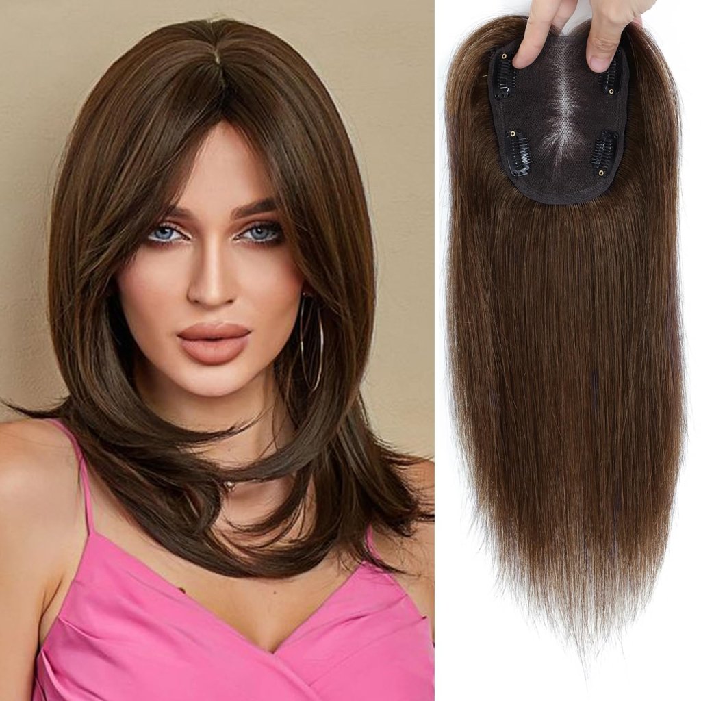Hair Toppers for Women Real Human Hair 150% Density Clip In Topper Hairpieces 10 × 12CM Swiss Base Wiglet Top Hair Pieces for Women with Thinning Hair(12Inch,1B#)