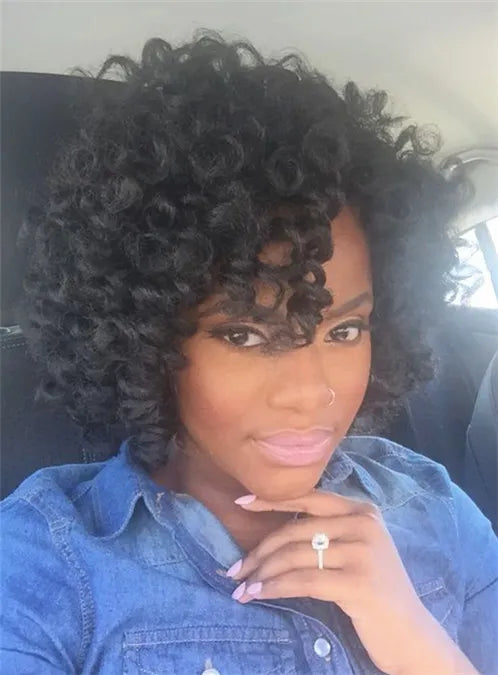 African American Kinky Curly Medium Capless Human Hair Wig 12 Inches