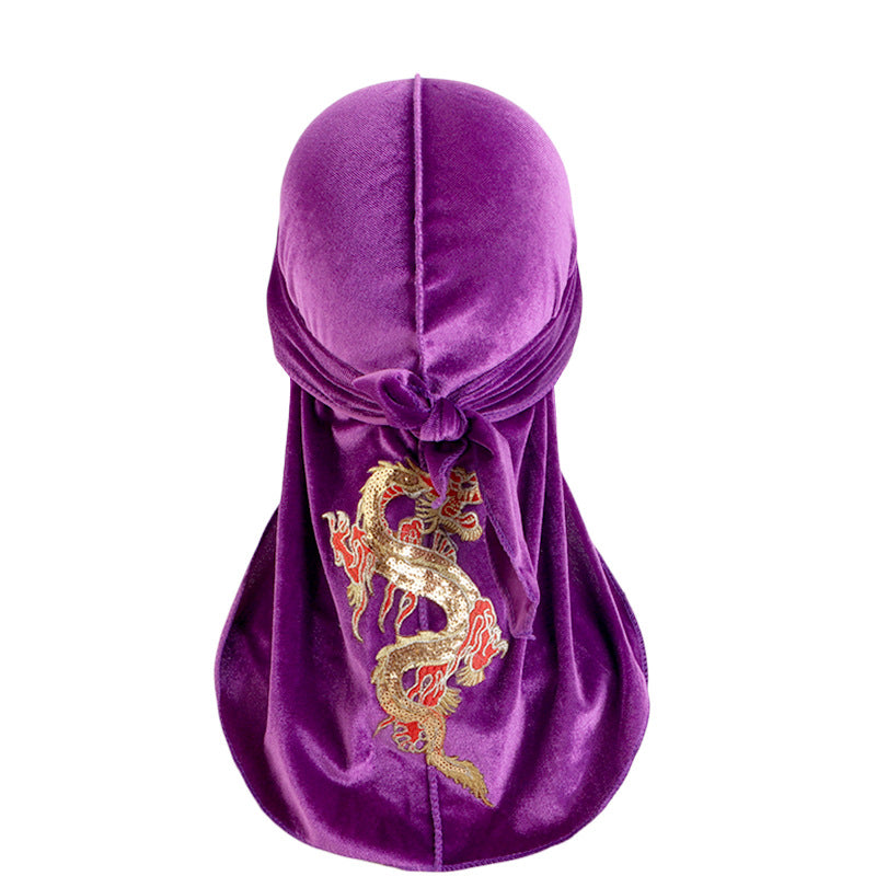 Autumn and Winter thickened gold velvet long tail pirate hat Chinese dragon hot stamping strap hip hop cloak DURAG