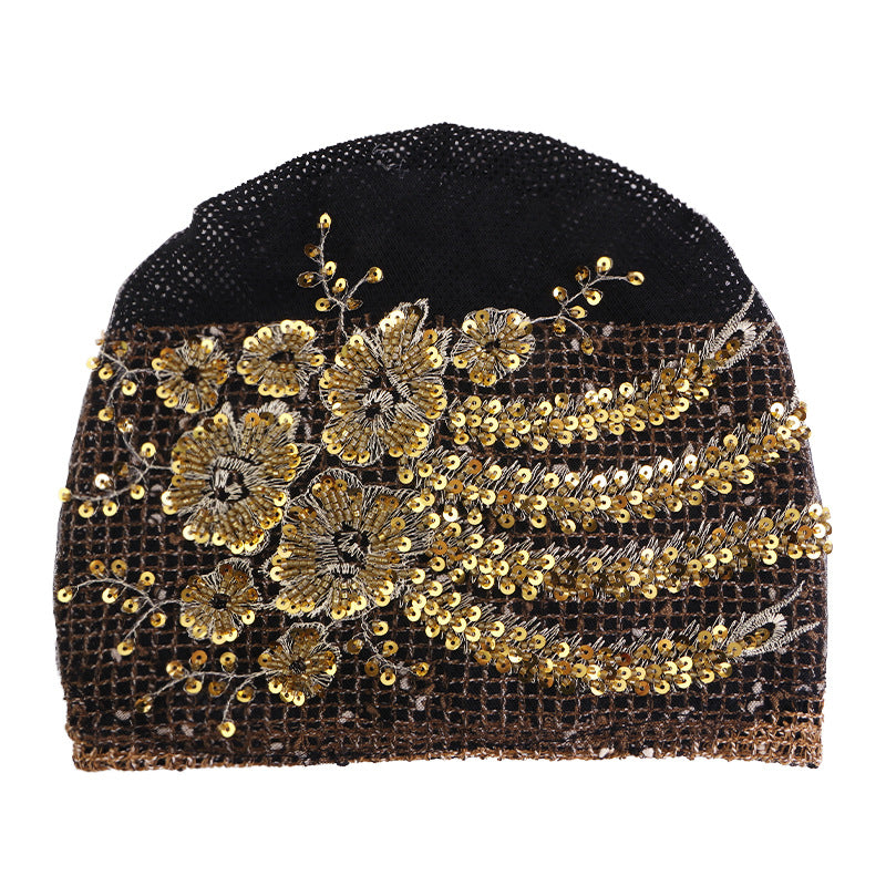 Lace Beaded Sequin Floral Turban Hat, Base Hat, Head Wrap Hat, Mesh Hair Protection Hat Jdt-523