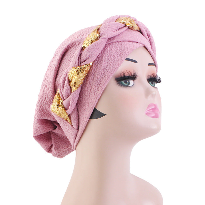 Cross-Border Solid Color Sequin Braided Cross-Turban Hat Small Hat Head Wrap Hair Protection Hat Jdt-429F