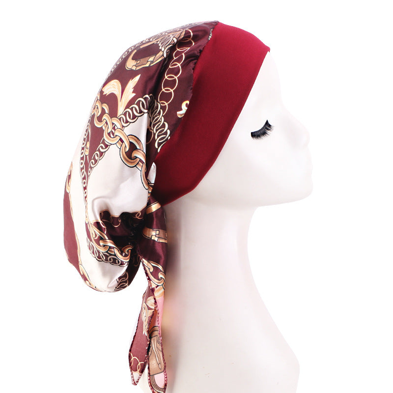 European and American popular long tail ribbon headscarf hat elastic wide-brimmed satin toe cap pirate hat JDT-329E