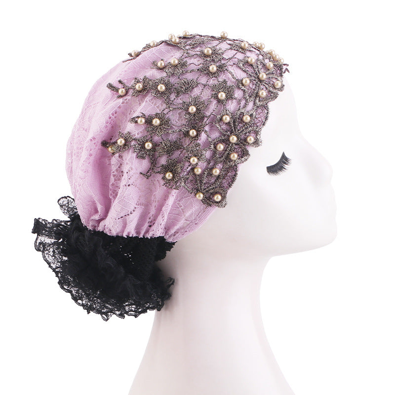 Cross-Border Pearl Diamond Breathable Lace Hat, Floral Ethnic Hat, Hair Care Turban Hat Jdt-501