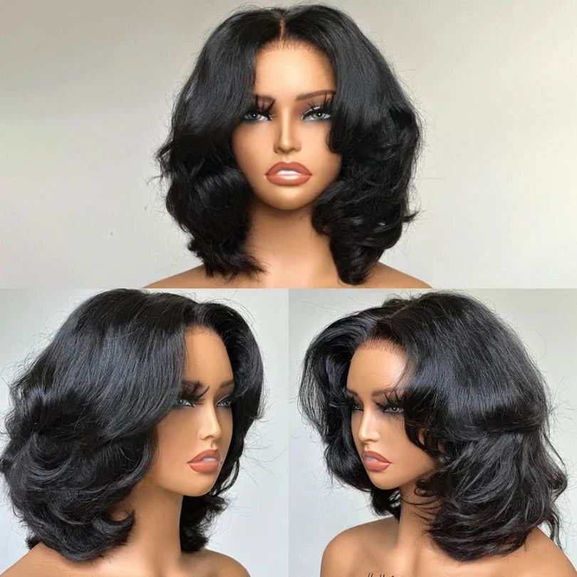 Elegante, geschichtete, gewellte, natürliche schwarze Perücke für Damen