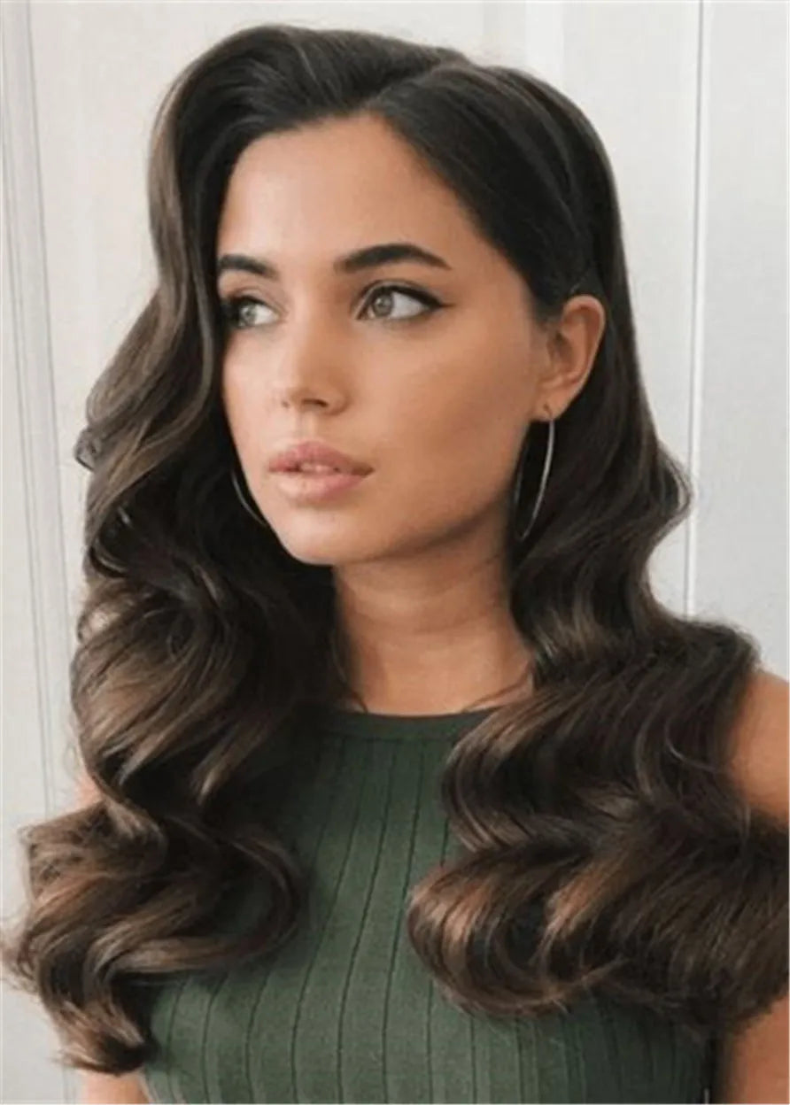 Long Wavy Human Hair Women Wig 22 Inches