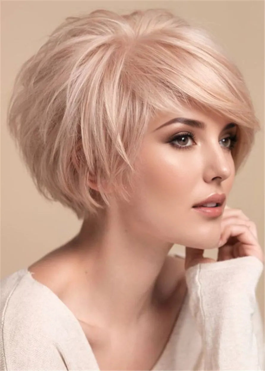 Light Pink Wig Feminine Layers Wavy Huamn Hair For Fine Hair 12 Inches