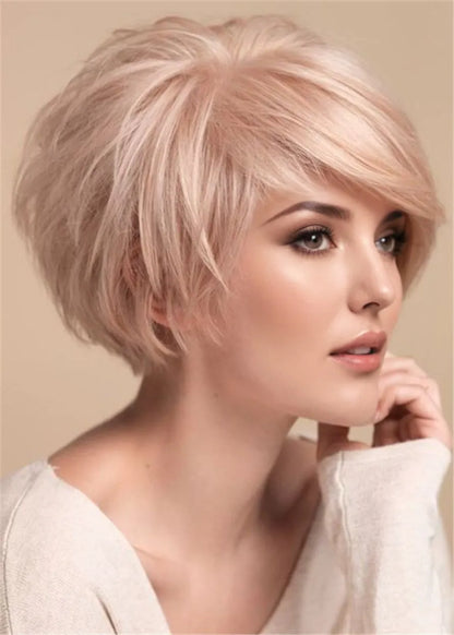 Light Pink Wig Feminine Layers Wavy Huamn Hair For Fine Hair 12 Inches