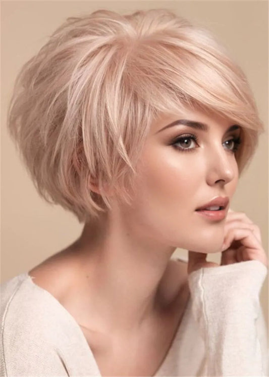 Light Pink Wig Feminine Layers Wavy Huamn Hair For Fine Hair 12 Inches