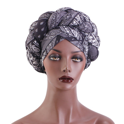 African Hot Sale Printed Stereo Sponge Twist Braid Tape Hat Black Turban Hair Care Hat JDT-488B