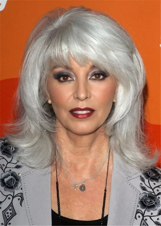 Women's Long Gray Bob Hairstyle Wavy Synthetic Hair Wigs With Bangs Capless Wigs 16Inch