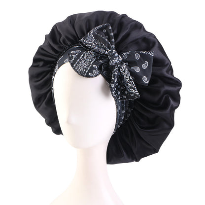 Cross border new cashew flower printed adjustable ribbon nightcap with wide edge straps and knotted headband hat JDB-528