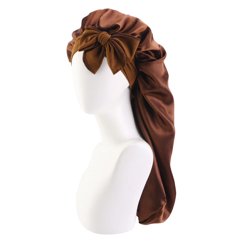 Wide-brimmed elastic ribbon women's headscarf hat perm hair care hat cross-border hot sale satin long nightcap