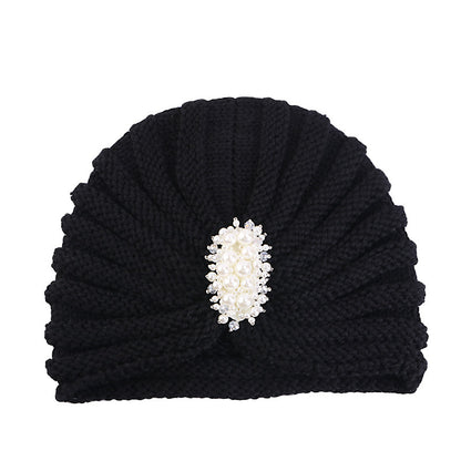 Cross-Border New Autumn and Winter Pearl Diamond Accessories Woolen Turban Hat Ethnic Style Warm Pullover Hat Jdm-138E