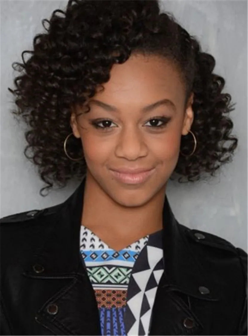 Nia Short Bob Kinky Curly Lace Front One Side Part Human Hair African American Wigs 10 Inches