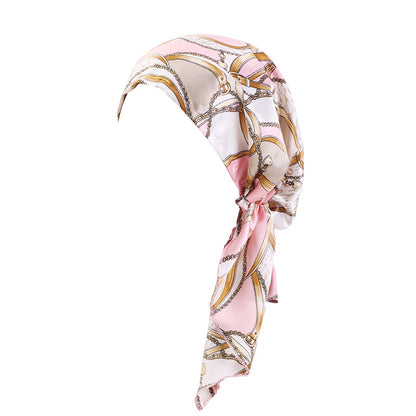 Fashionable Printed Ear-Covering Hat, Satin Turban, Tie-Back Chemotherapy Cap, Hair Protection Cap