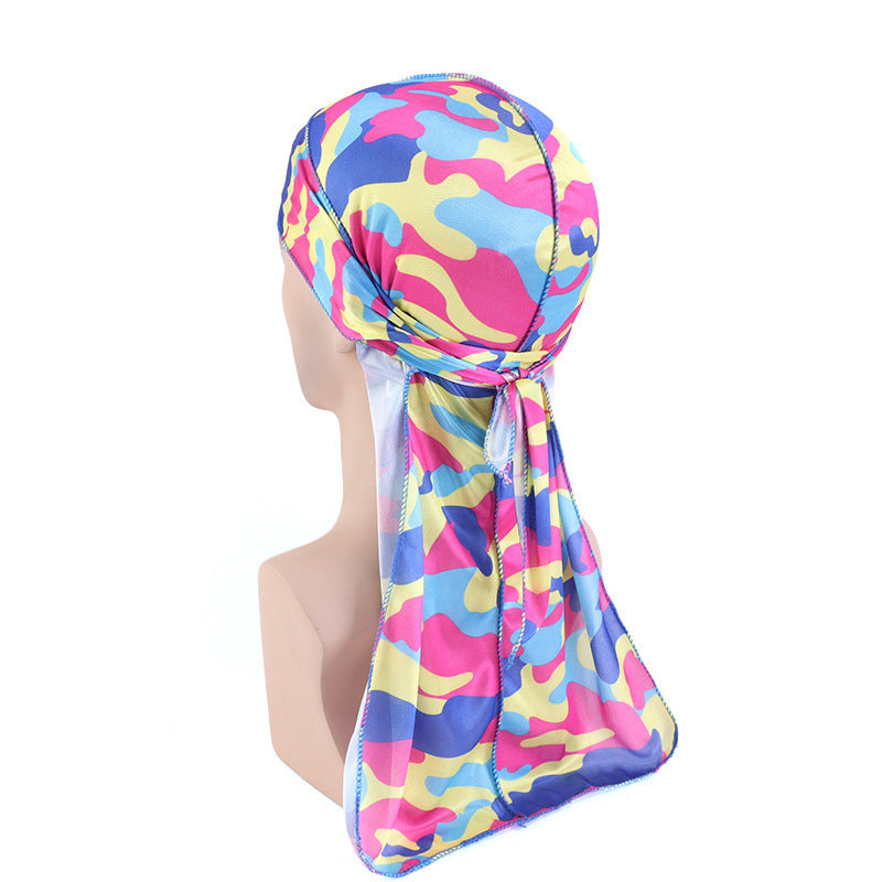 Cross-Border New Style Imitation Silk Camouflage Headscarf Hat, Long-Tailed Pirate Hat, Tie-On Head Wrap Hat Tjm-05-3H