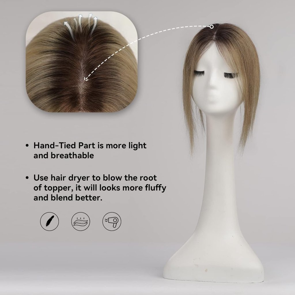 Remy Human Hair Toppers for Women Hand-Tied Hair Toppers with Swiss Lace Base 12in
