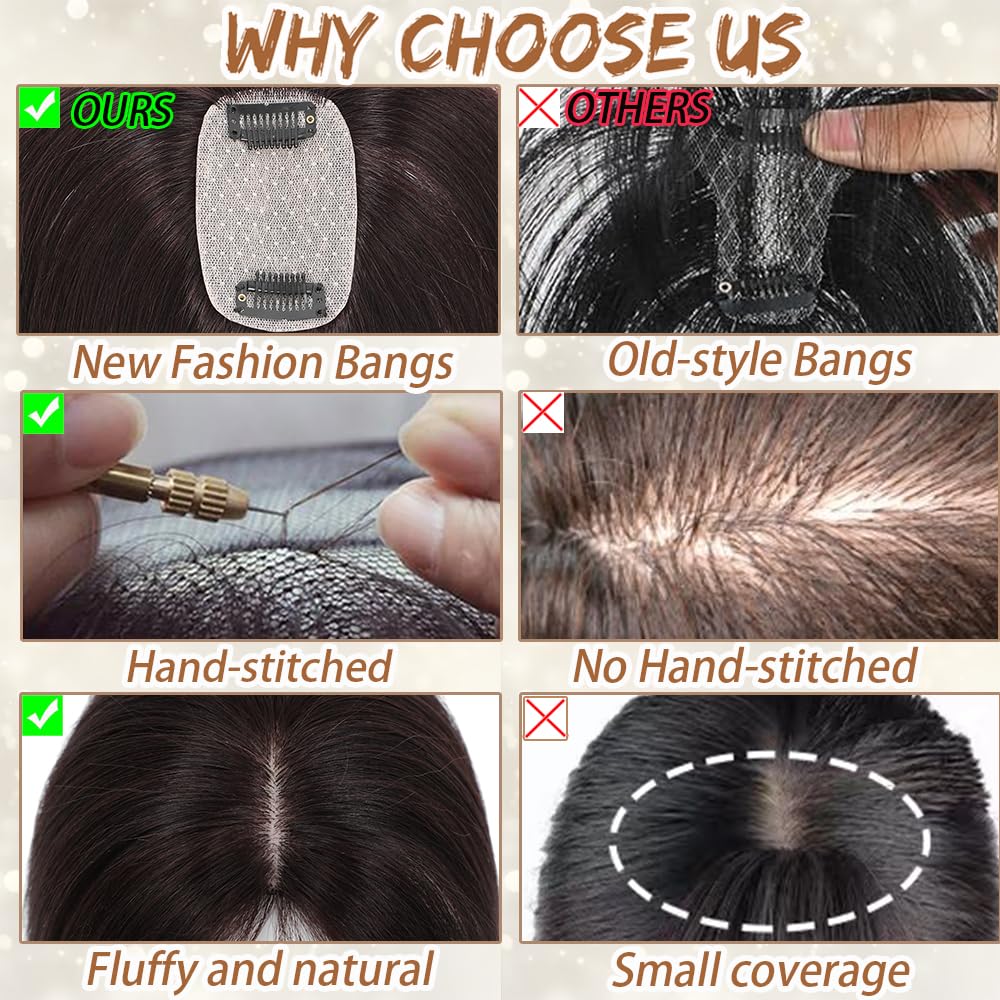 Hair Toppers for Women Real Human Hair, Bangs Hair Clip 360° 3D Cover Human Hair Topper with Bangs