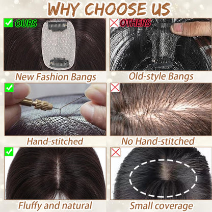 Hair Toppers for Women Real Human Hair, Bangs Hair Clip 360° 3D Cover Human Hair Topper with Bangs