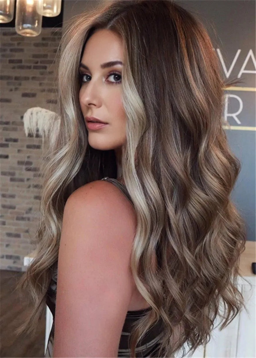 Lange Frisur BalayageHairstyle Highlights Wellige Echthaarperücken 30 Zoll