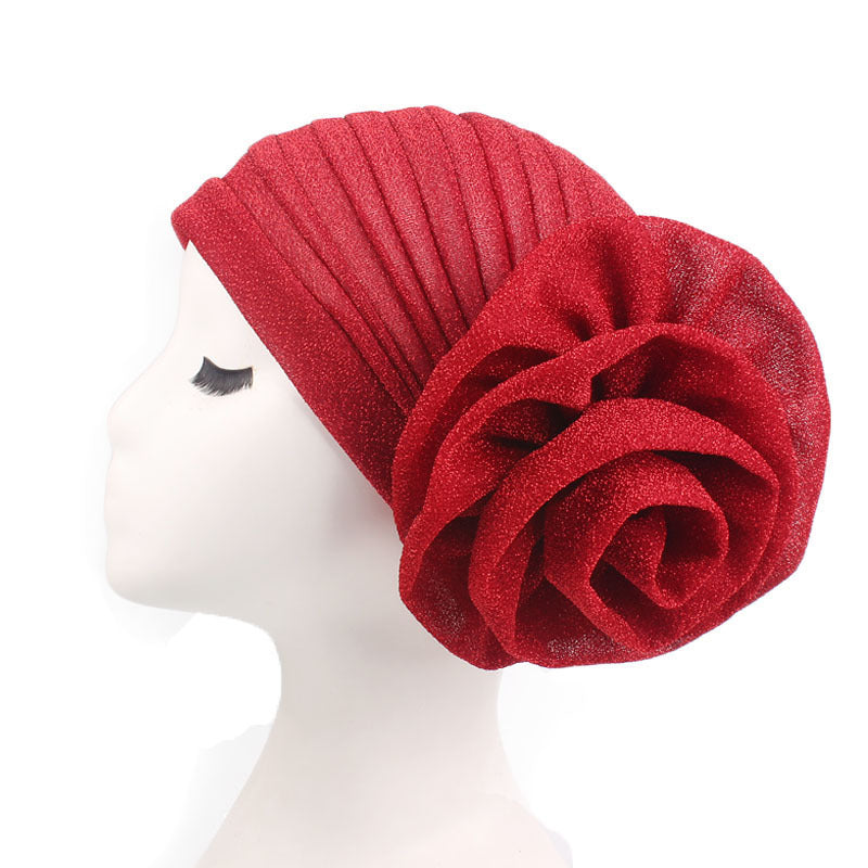 New Style Shiny Silk Large Flower Headscarf Hat, Versatile Retro Fashion Hat Tjm-322