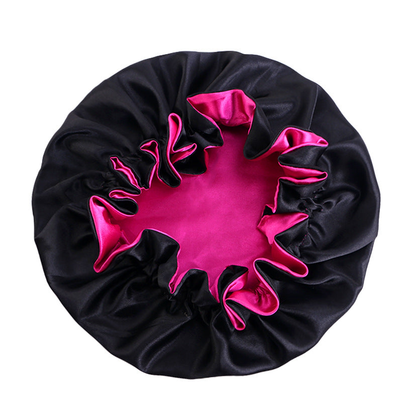Wooden ear satin double-layer nightcap African style contrast color headscarf cap home round cap solid color beauty perm cap