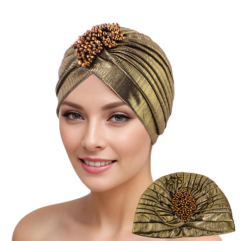 Cross-border Golden Diamond Retro Pleated Hood Bronzing Indian Hat Cloth Hat JDT-413C