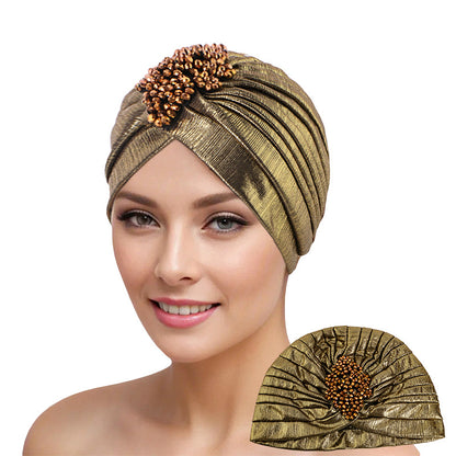 Cross-border Golden Diamond Retro Pleated Hood Bronzing Indian Hat Cloth Hat JDT-413C