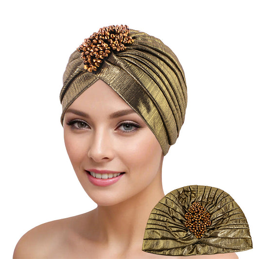 Cross-border Golden Diamond Retro Pleated Hood Bronzing Indian Hat Cloth Hat JDT-413C