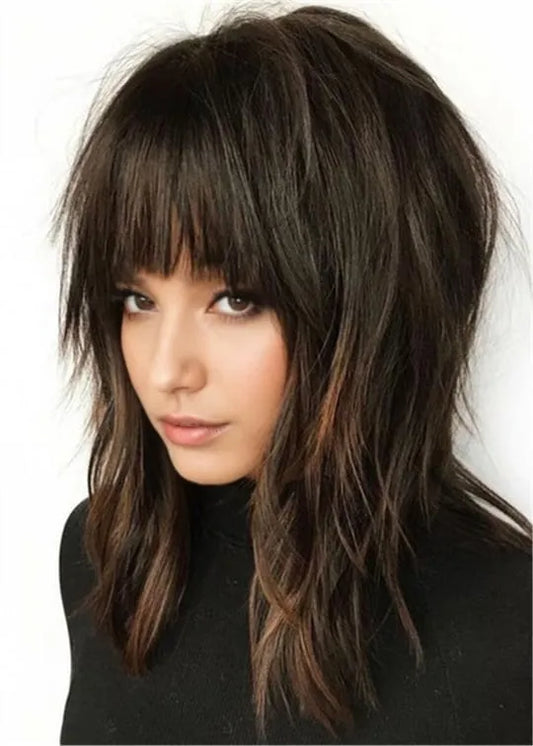 Lange glatte Frisur Shag mit Pony Kunsthaar Wowmen Perücke 16 Zoll