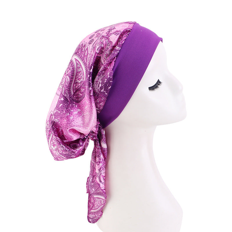 European and American popular long tail ribbon headscarf hat elastic wide-brimmed satin toe cap pirate hat JDT-329E