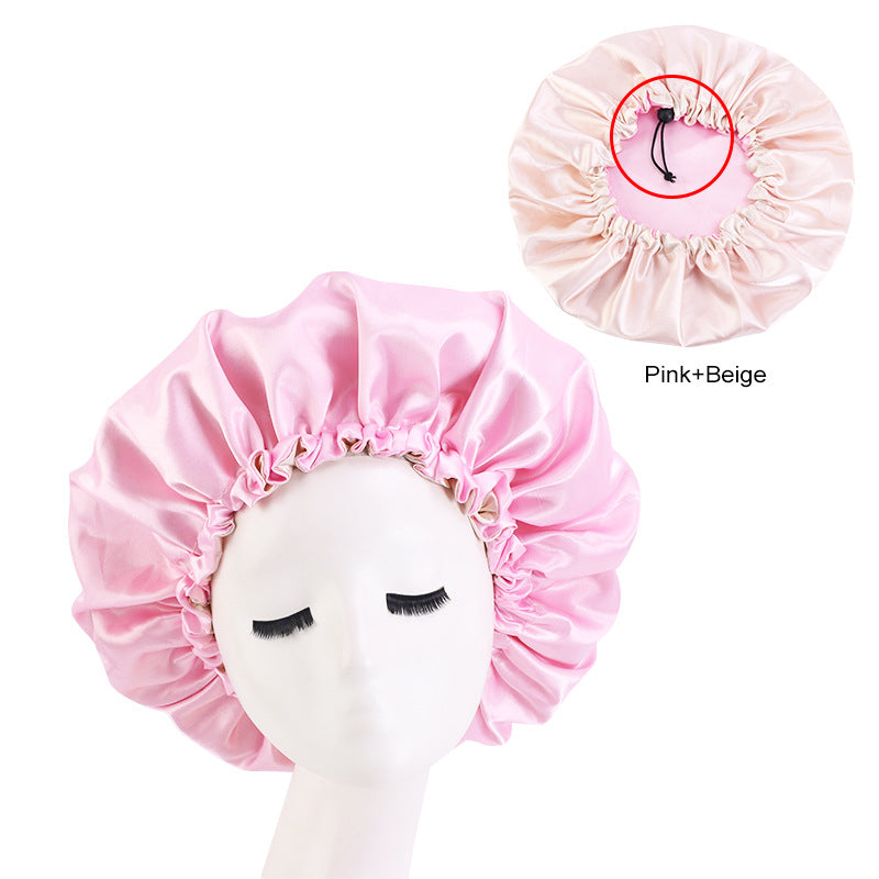 Adjustable Double-layer satin nightcap hair care cap custom LOGO solid color beauty and hairdressing advertising hat