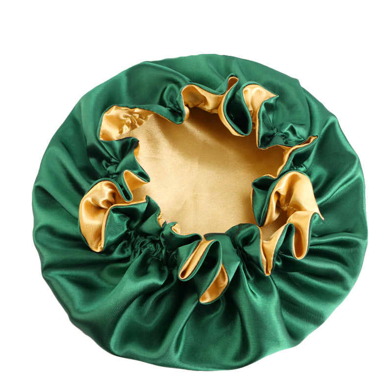 Wooden ear satin double-layer nightcap African style contrast color headscarf cap home round cap solid color beauty perm cap