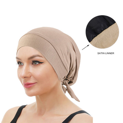 Mundell Strap Satin Lined Double Layer Nightcap Chemotherapy Cap Turban Hair Care Hat JDU-423C