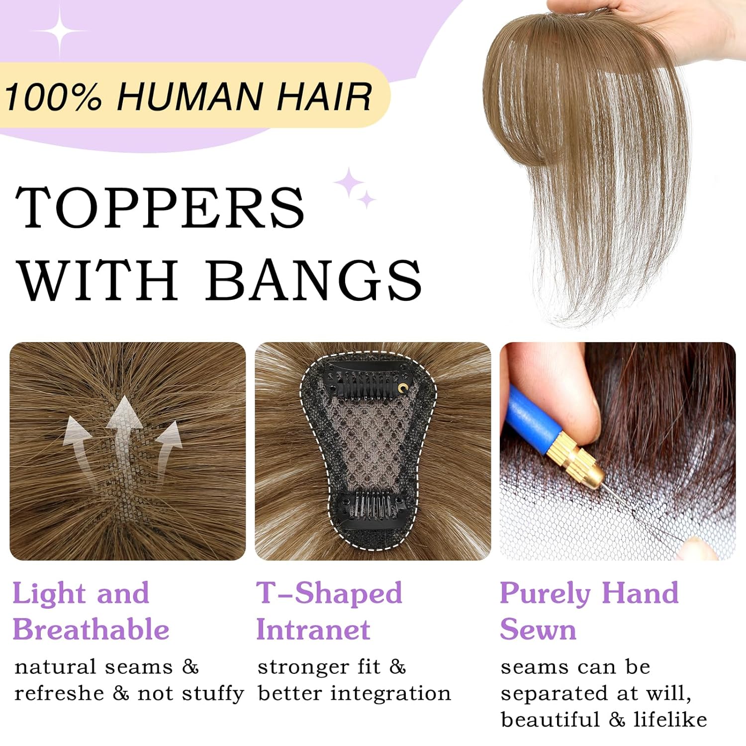 Clip in Bangs 100% Human Hair Toppers 360°3D Hair Pieces Clip On Air Bangs Extensions