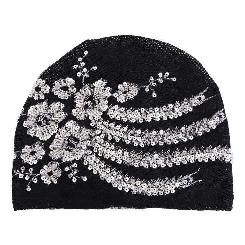 Lace Beaded Sequin Floral Turban Hat, Base Hat, Head Wrap Hat, Mesh Hair Protection Hat Jdt-523